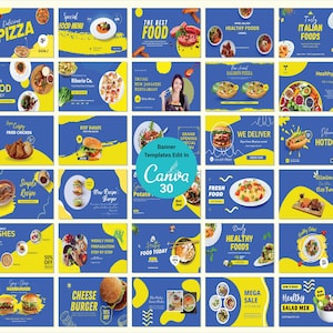 Puede incluir: Una colección de 30 plantillas de banners de comida coloridos para redes sociales. Las plantillas presentan una variedad de alimentos, que incluyen pizza, hamburguesas, hot dogs, pollo frito y ensaladas. Las plantillas están diseñadas en un estilo moderno con colores brillantes y fuentes en negrita. El texto en las plantillas incluye frases como "Pizza Deliciosa", "La Mejor Comida", "Comida Saludable", "Deliciosa Comida Italiana", "Gran Apertura Menú Especial", "Entregamos", "Platos Picantes", "Preparación de Comida Semanal", "Comida de Hoy", "Comida Saludable Diaria", "Mega Oferta", y "Cómo Hacer una Mezcla de Ensalada Saludable".