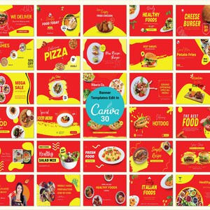 Puede incluir: Una colección de 30 plantillas de banner de comida rojas y amarillas para Canva. Las plantillas presentan varios artículos de comida, incluyendo hamburguesas, pizza, papas fritas, hot dogs, ensaladas y más. El texto en las pancartas incluye frases como "Food Today", "Healthy Foods", "Special Food Menu" y "The Best Food".