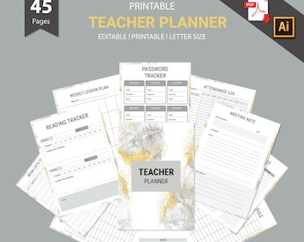 May include: A printable teacher planner with a marble and gold design. The planner includes pages for weekly lesson plans, reading tracker, book lists, password tracker, attendance log, meeting notes, and more. The planner is editable and printable in letter size.