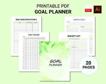 May include: Printable PDF goal planner with 20 pages. The cover features a watercolor design with green leaves. The planner includes sections for new year resolutions, monthly goals, habit tracker, and a bucket list.