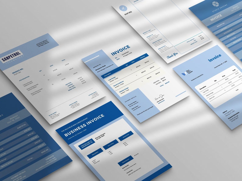 May include: Five different invoice templates with blue and white color schemes. The invoices include company logos, invoice numbers, dates, item descriptions, quantities, prices, and totals. The invoices are designed for businesses and freelancers.