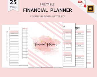 May include: Printable financial planner with 25 pages. The cover features a pink and white striped background with a watercolor-style pink and gold design. The text "Financial Planner" is written in gold lettering.