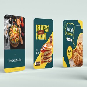 May include: Four colorful food menu cards with images of a hamburger, sweet potato salad, pancakes, fried chicken, and a rice bowl. The cards have a yellow and green color scheme and feature text such as "Delicious Hamburger", "Breakfast Pancake", "Fried Chicken", and "Special Menu Rice Bowl".