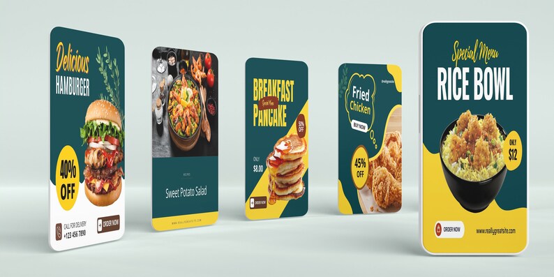 May include: Four colorful food menu cards with images of a hamburger, sweet potato salad, pancakes, fried chicken, and a rice bowl. The cards have a yellow and green color scheme and feature text such as "Delicious Hamburger", "Breakfast Pancake", "Fried Chicken", and "Special Menu Rice Bowl".
