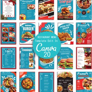 Plantilla de menú de comida, menú de restaurante, menú editable de Canva, plantilla de volante de menú de restaurante digital, descarga instantánea