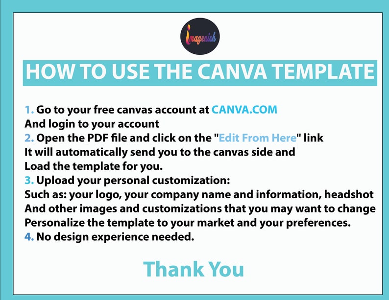 May include: A blue and white graphic with instructions on how to use a Canva template. The text includes the website address CANVA.COM and the phrase "Edit From Here".