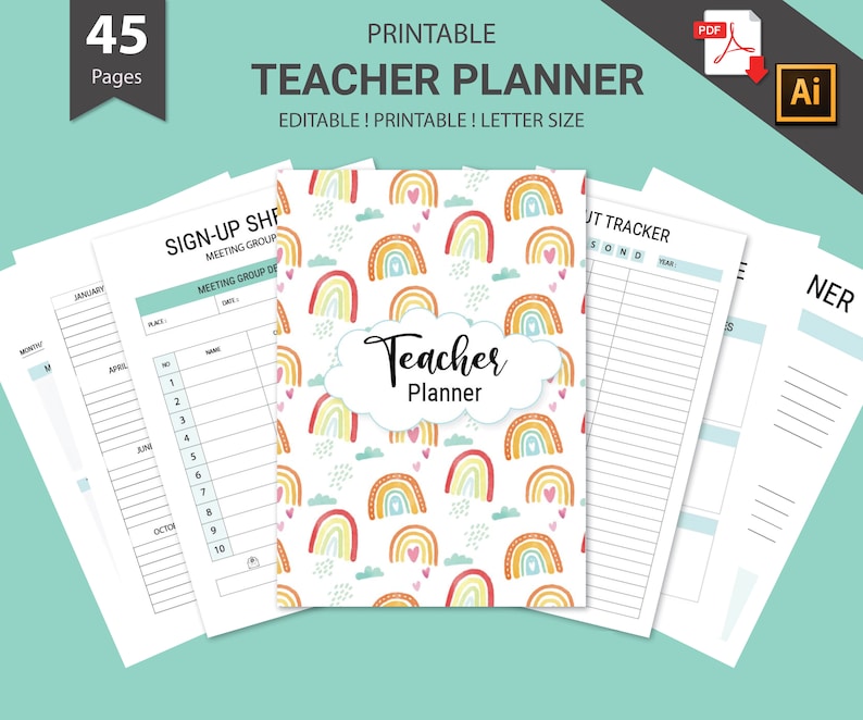 May include: Printable teacher planner with 45 pages. The cover features a colorful rainbow pattern with hearts and clouds. The text "Teacher Planner" is written in a white cloud.