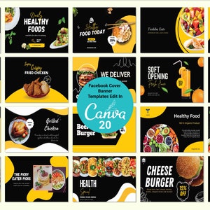 Puede incluir: Una colección de 20 plantillas de banner de portada de Facebook para restaurantes y negocios de comida. Las plantillas presentan una variedad de alimentos, que incluyen pizza, hamburguesas, pollo frito y ensaladas saludables. Las plantillas están diseñadas en un estilo moderno con un fondo negro y acentos amarillos. El texto en las plantillas incluye frases como "Pizza Deliciosa", "Comida Saludable", "Apertura Suave" y "Comida Especial de Hoy".