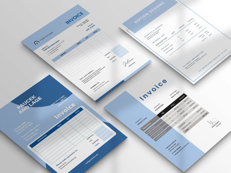 May include: Four invoice templates with blue and gray accents. The templates feature a simple design with a company name, invoice number, date, and a table for listing items and prices. The templates are designed to be professional and easy to use.