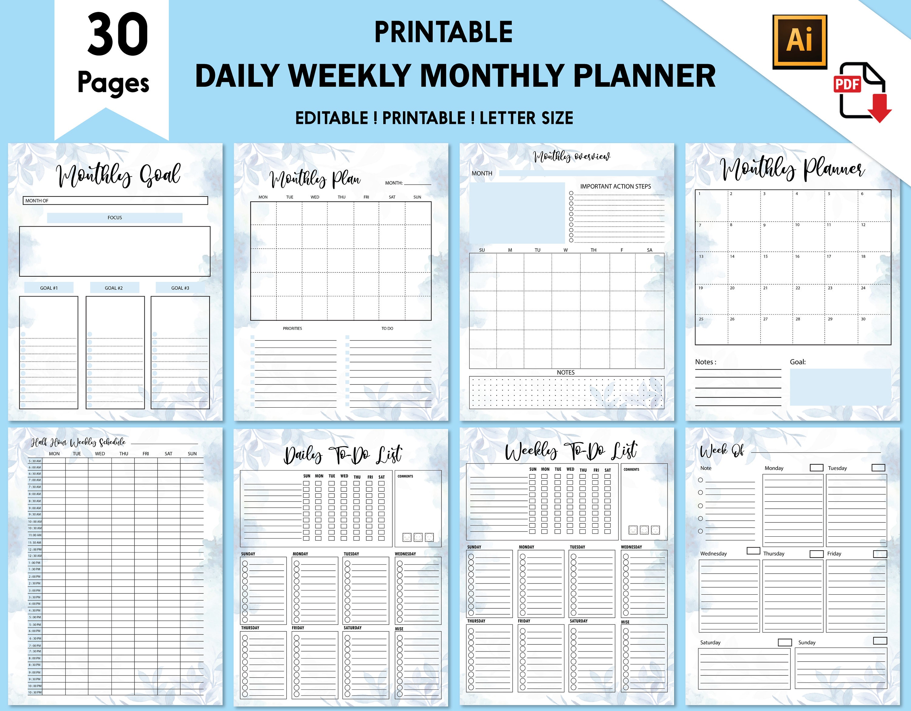 Daily, Weekly, Monthly Planner, Printable Planner, Half Hour Weekly ...