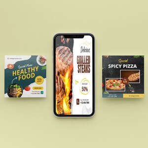 May include: Five social media posts for a restaurant featuring different food items. The first post is for seafood, the second is for healthy food, the third is for grilled steaks, the fourth is for spicy pizza, and the fifth is for breakfast pancakes.