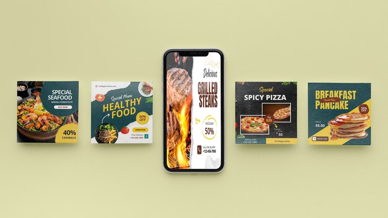 May include: Five social media posts for a restaurant featuring different food items. The first post is for seafood, the second is for healthy food, the third is for grilled steaks, the fourth is for spicy pizza, and the fifth is for breakfast pancakes.