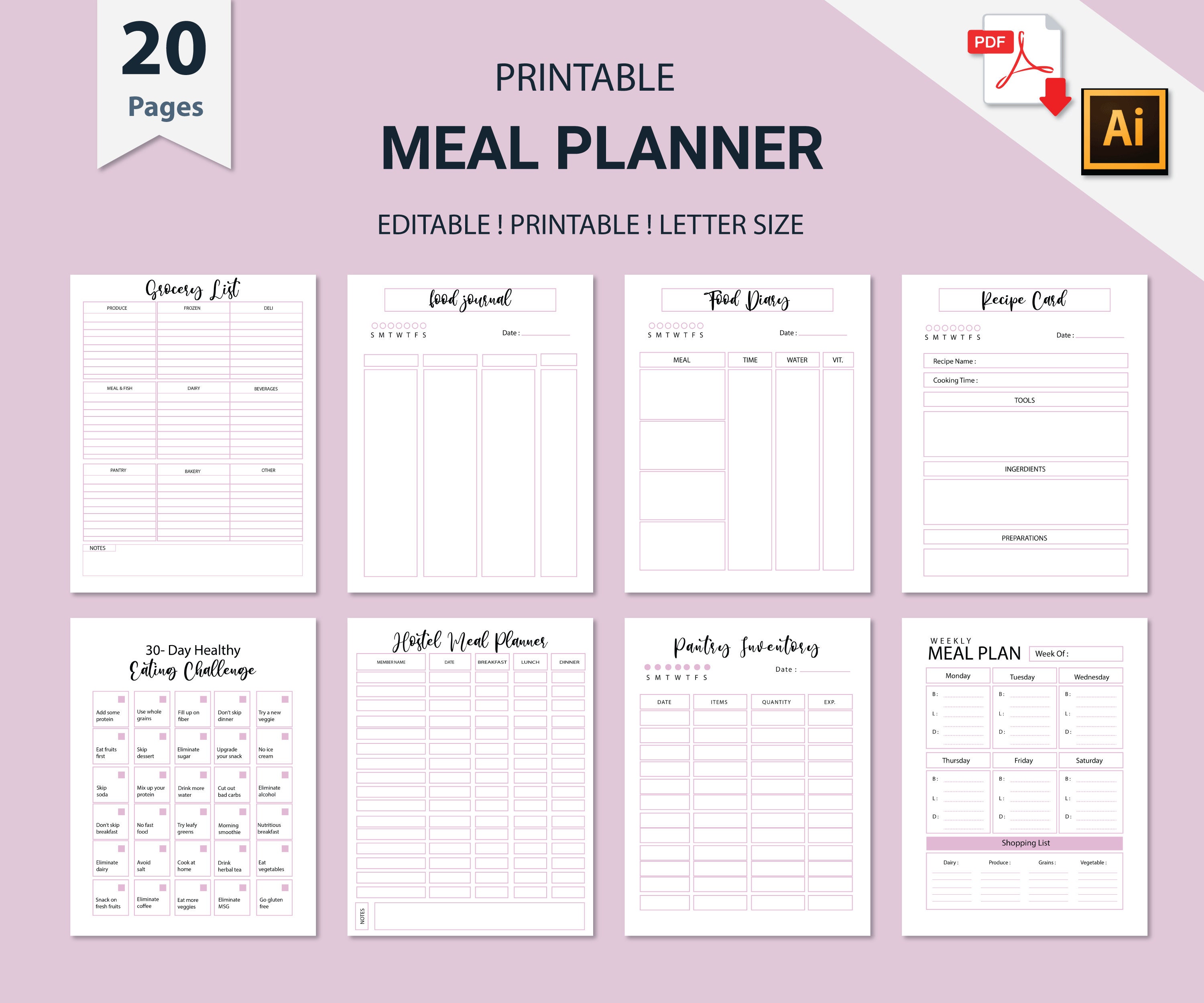 Meal Planner Printable | Diet Journal | Weekly Food Diary Bundle ...