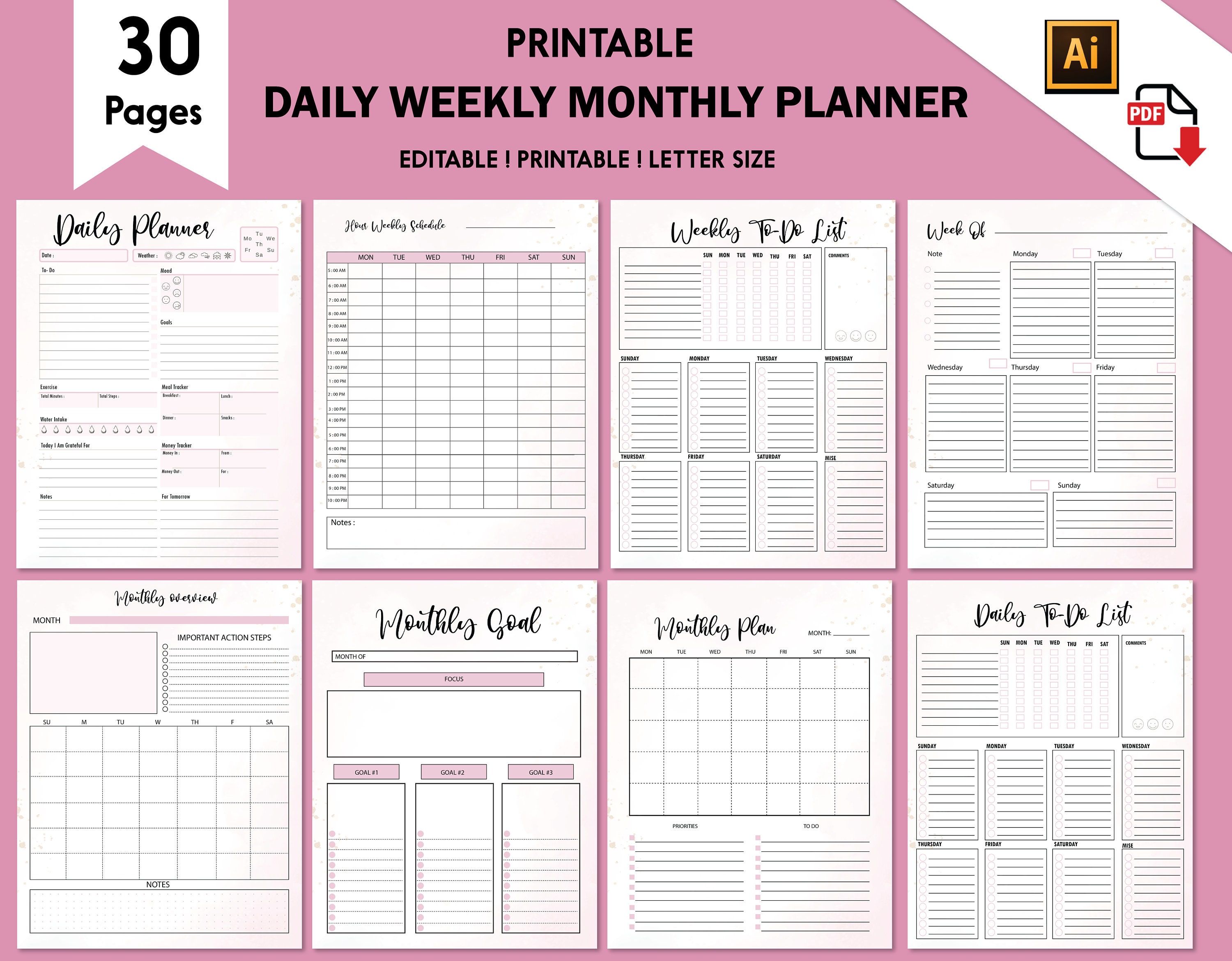 Daily Weekly Monthly Planner,printable Planner,monthly Overview ...