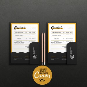 Puede incluir: Dos plantillas de factura de restaurante negras y doradas con el texto "Cynthia's" en la parte superior. Las plantillas est&aacute;n sobre una superficie negra con dos l&aacute;pices.