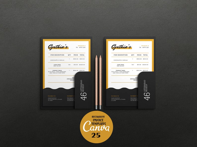 Puede incluir: Dos plantillas de factura de restaurante negras y doradas con el texto "Cynthia's" en la parte superior. Las plantillas est&aacute;n sobre una superficie negra con dos l&aacute;pices.