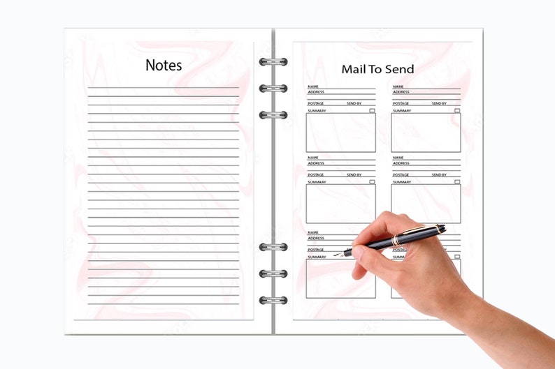 May include: A white planner with a pink marble design. The left page is labelled "Notes" and has lined paper. The right page is labelled "Mail To Send" and has a form for tracking mail with fields for name, address, postage, send by, and summary. A hand is writing on the form with a black pen.