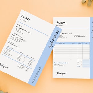 May include: Two invoice forms with a light blue background and black text. The top form has a list of services and prices. The bottom form is blank with space for a list of services and prices. The text on the forms reads "Invoice" and "Psyche Media Inc."