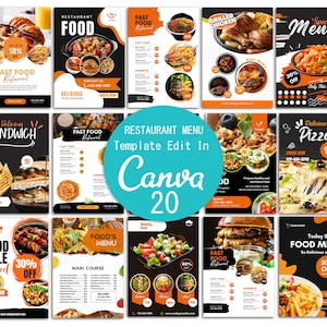 Plantilla de menú de restaurante, plantilla de menú de comida, menú editable en Canva, plantilla de volante de menú de restaurante digital, descarga instantánea