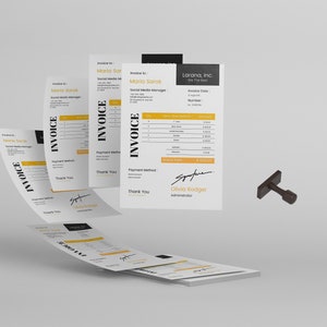 Puede incluir: Una pila de facturas con un dise&ntilde;o en blanco y negro y acentos amarillos. Las facturas son para Larana, Inc. e incluyen el texto "We The Best".