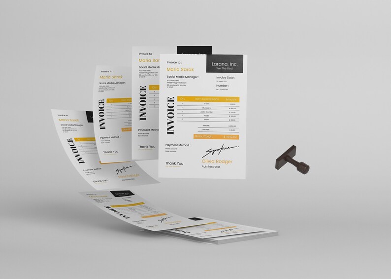 Puede incluir: Una pila de facturas con un dise&ntilde;o en blanco y negro y acentos amarillos. Las facturas son para Larana, Inc. e incluyen el texto "We The Best".