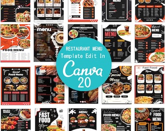 Puede incluir: Una colección de 20 plantillas de menú de restaurante diseñadas en Canva. Las plantillas presentan una variedad de estilos, incluyendo blanco y negro, rojo y negro, y naranja y negro. Las plantillas incluyen imágenes de comida, bebidas e interiores de restaurantes. El texto "RESTAURANT MENU Template Edit In Canva 20" se muestra en el centro de la imagen.