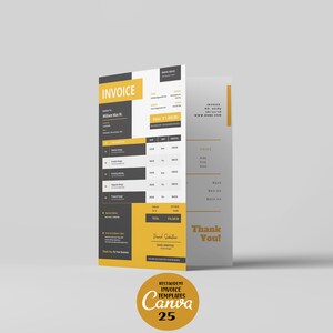 Puede incluir: Una plantilla de factura amarilla y gris con el texto "INVOICE" en un cuadro amarillo. La factura es para William Max M. y el total es de 1.150,00 &euro;. La factura incluye un mensaje de agradecimiento y el texto "RESTAURANT INVOICE TEMPLATES Canva 25".