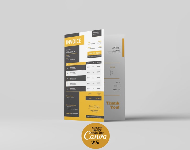 Puede incluir: Una plantilla de factura amarilla y gris con el texto "INVOICE" en un cuadro amarillo. La factura es para William Max M. y el total es de 1.150,00 &euro;. La factura incluye un mensaje de agradecimiento y el texto "RESTAURANT INVOICE TEMPLATES Canva 25".