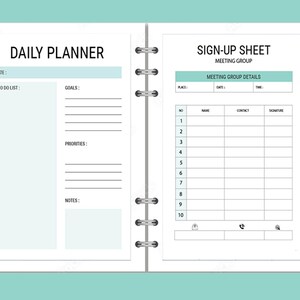 May include: A white daily planner with a sign-up sheet for a meeting group. The planner has sections for date, to-do list, goals, priorities, and notes. The sign-up sheet has columns for number, name, contact, and signature.