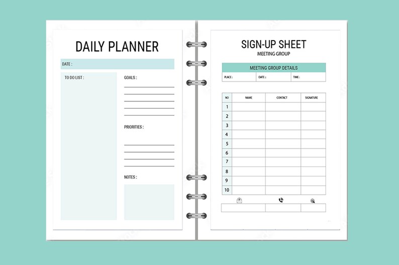 May include: A white daily planner with a sign-up sheet for a meeting group. The planner has sections for date, to-do list, goals, priorities, and notes. The sign-up sheet has columns for number, name, contact, and signature.