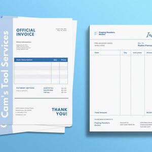 May include: A blue and white invoice template with the title "Official Invoice" and the text "Cam's Tool Services" in a stack of papers. The invoice has a section for item description, quantity, and price. The invoice also has a section for payment method, subtotal, shipping, and total. The invoice has a thank you message at the bottom.
