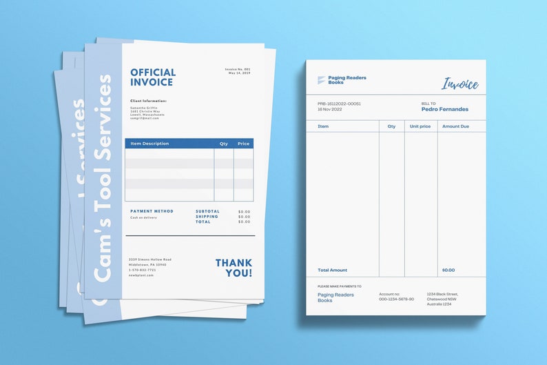 May include: A blue and white invoice template with the title "Official Invoice" and the text "Cam's Tool Services" in a stack of papers. The invoice has a section for item description, quantity, and price. The invoice also has a section for payment method, subtotal, shipping, and total. The invoice has a thank you message at the bottom.