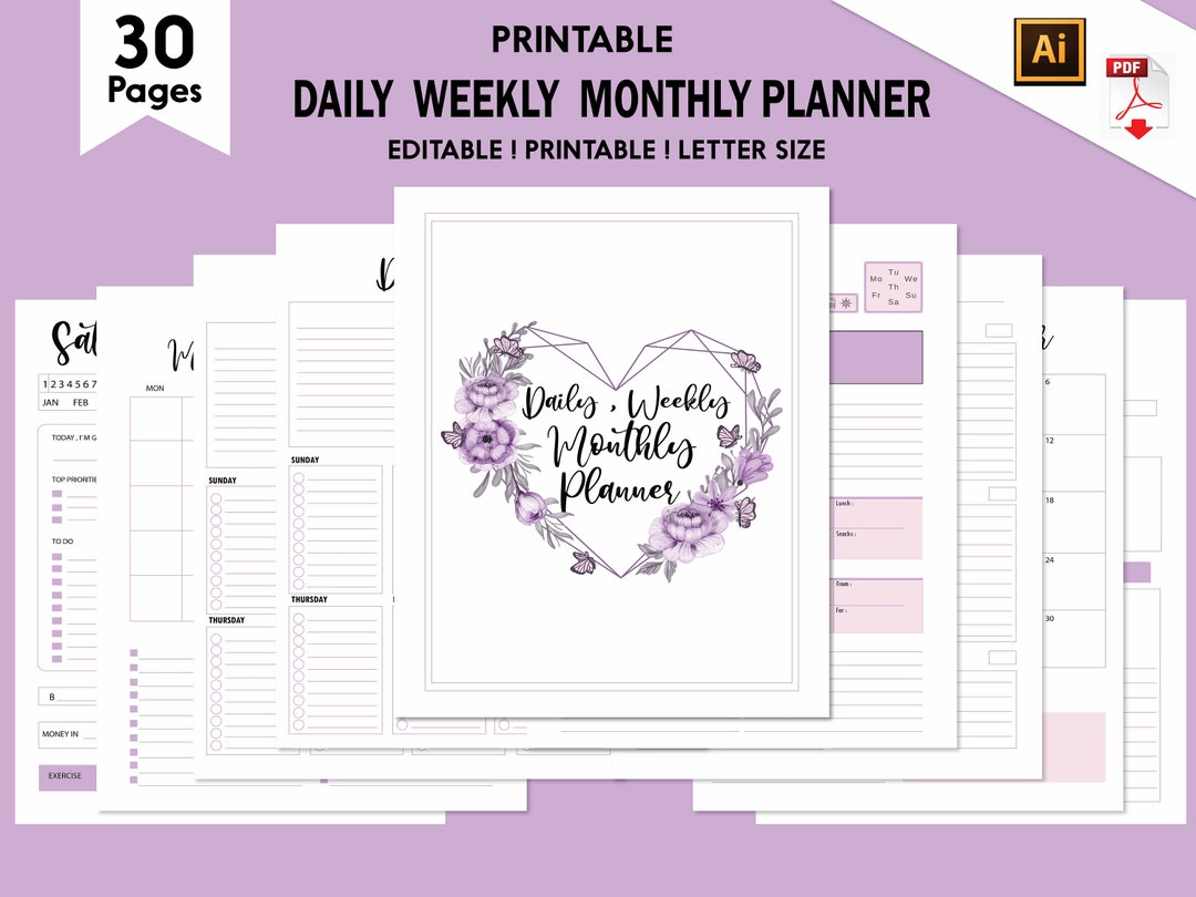 Daily Weekly Monthly Planner, Planner Template, Editable Planner ...