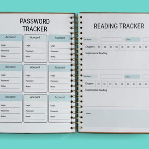 May include: A spiral bound notebook with a light blue cover. The left side of the notebook has a section labeled "Password Tracker" with spaces to write down account information, including login, password, and notes. The right side of the notebook has a section labeled "Reading Tracker" with spaces to write down the title of the book, chapter number, and supplemental reading.
