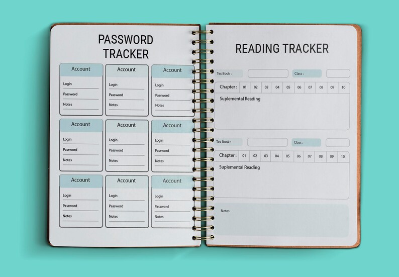 May include: A spiral bound notebook with a light blue cover. The left side of the notebook has a section labeled "Password Tracker" with spaces to write down account information, including login, password, and notes. The right side of the notebook has a section labeled "Reading Tracker" with spaces to write down the title of the book, chapter number, and supplemental reading.
