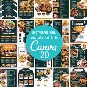 Menú de restaurante, menú editable en Canva, diseño de menú, menú de cafetería, menú de moda, plantilla de menú de comida, descarga instantánea