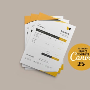Puede incluir: Una pila de plantillas de facturas de restaurante amarillas y negras para Canva. El texto "Restaudent Invoice Templates Canva 25" est&aacute; en un c&iacute;rculo amarillo.