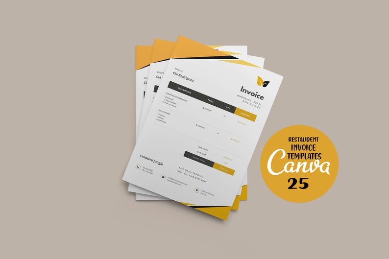 Puede incluir: Una pila de plantillas de facturas de restaurante amarillas y negras para Canva. El texto "Restaudent Invoice Templates Canva 25" est&aacute; en un c&iacute;rculo amarillo.