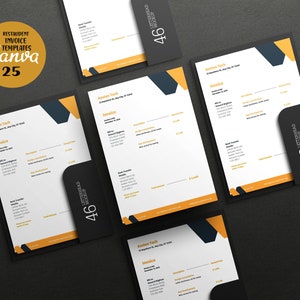 Puede incluir: Cuatro maquetas de membrete en negro y amarillo con el texto "Austen Tech" y "Factura" sobre una superficie gris oscuro. Los membretes tienen un dise&ntilde;o geom&eacute;trico en negro y amarillo.