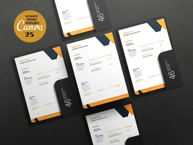 Puede incluir: Cuatro maquetas de membrete en negro y amarillo con el texto "Austen Tech" y "Factura" sobre una superficie gris oscuro. Los membretes tienen un dise&ntilde;o geom&eacute;trico en negro y amarillo.