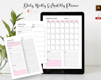 May include: A digital planner with daily, weekly, and monthly layouts. The planner is displayed on a tablet and includes sections for important reminders, priorities, to-do lists, notes, and a meal plan.