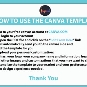 Puede incluir: Un gr&aacute;fico azul y blanco con instrucciones sobre c&oacute;mo usar una plantilla de Canva. El texto incluye la direcci&oacute;n del sitio web CANVA.COM y la frase "Edit From Here".