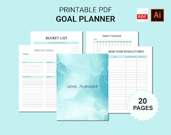 May include: A printable PDF goal planner with a blue watercolor design. The planner includes sections for a bucket list, monthly goals, and habit tracking. The cover reads "Goal Planner" and the image includes the text "20 pages".