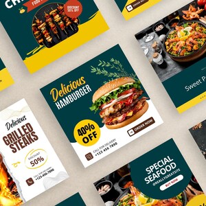 May include: Six square social media graphics for a restaurant featuring different food items. The graphics feature a yellow and green color scheme with a black background. The graphics feature images of a hamburger, grilled steaks, a bowl of food, a sweet potato salad, a seafood dish, and a spicy pizza. The graphics include text such as "Delicious Hamburger", "40% Off", "Special Seafood", "Sweet Potato Salad", and "Spicy Pizza".