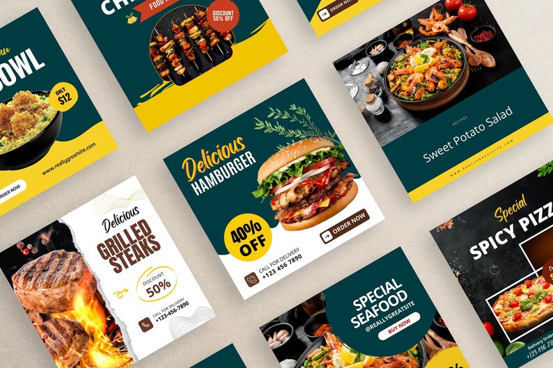 May include: Six square social media graphics for a restaurant featuring different food items. The graphics feature a yellow and green color scheme with a black background. The graphics feature images of a hamburger, grilled steaks, a bowl of food, a sweet potato salad, a seafood dish, and a spicy pizza. The graphics include text such as "Delicious Hamburger", "40% Off", "Special Seafood", "Sweet Potato Salad", and "Spicy Pizza".