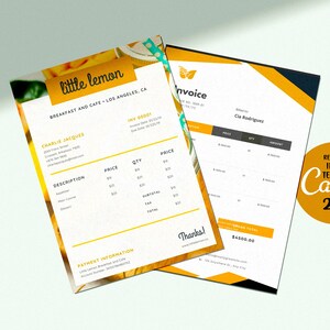 Puede incluir: Una plantilla de factura amarilla y blanca con el texto "little lemon" y "BREAKFAST AND CAFE - LOS ANGELES, CA" en la parte superior. La factura es para Charlie Jacques e incluye una descripci&oacute;n, un precio, una cantidad y un total. La factura tambi&eacute;n incluye informaci&oacute;n de pago. La factura est&aacute; dise&ntilde;ada con un esquema de color amarillo y blanco y presenta un gr&aacute;fico de lim&oacute;n.