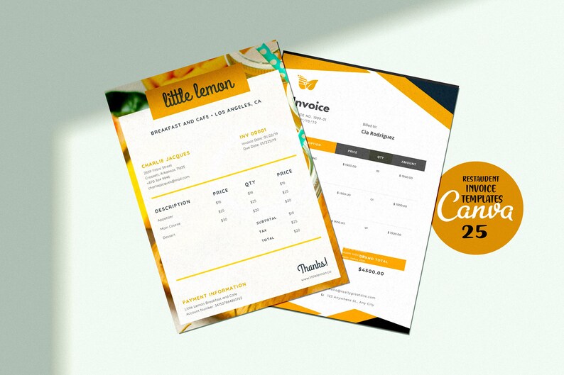 Puede incluir: Una plantilla de factura amarilla y blanca con el texto "little lemon" y "BREAKFAST AND CAFE - LOS ANGELES, CA" en la parte superior. La factura es para Charlie Jacques e incluye una descripci&oacute;n, un precio, una cantidad y un total. La factura tambi&eacute;n incluye informaci&oacute;n de pago. La factura est&aacute; dise&ntilde;ada con un esquema de color amarillo y blanco y presenta un gr&aacute;fico de lim&oacute;n.