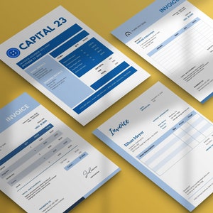 May include: Four invoice templates with blue and white color scheme. The invoices are for Capital 23, Marumi Kobayashi, Ethan Meyer, and an unnamed client. The invoices include a space for the client's name, address, and contact information, as well as a table for listing the items purchased, the quantity, the price, and the total cost.