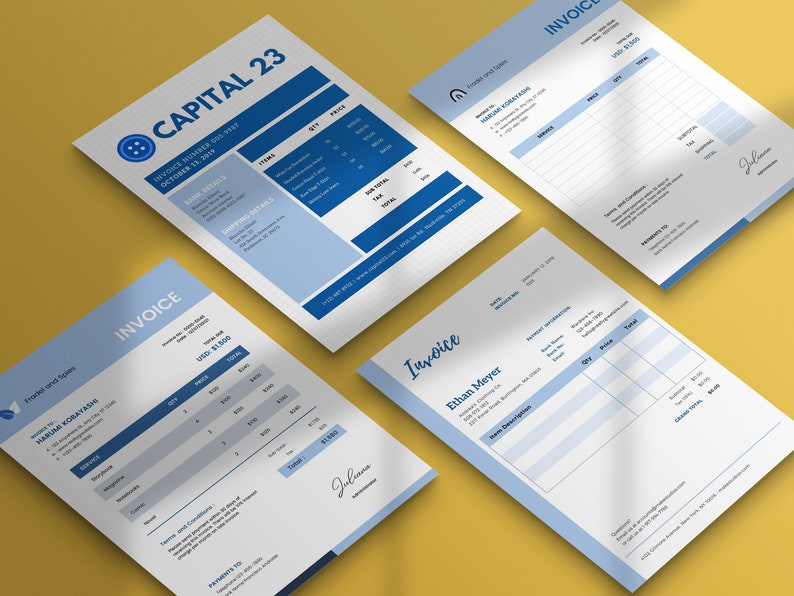 May include: Four invoice templates with blue and white color scheme. The invoices are for Capital 23, Marumi Kobayashi, Ethan Meyer, and an unnamed client. The invoices include a space for the client's name, address, and contact information, as well as a table for listing the items purchased, the quantity, the price, and the total cost.