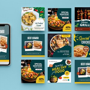 May include: Nine square social media graphics for a restaurant featuring various food items, including seafood, chicken, and grilled food. The graphics feature a green and yellow color scheme with text that includes "Special Seafood", "Special Chicken", "Delicious Grilled Food", and "Best Combo".